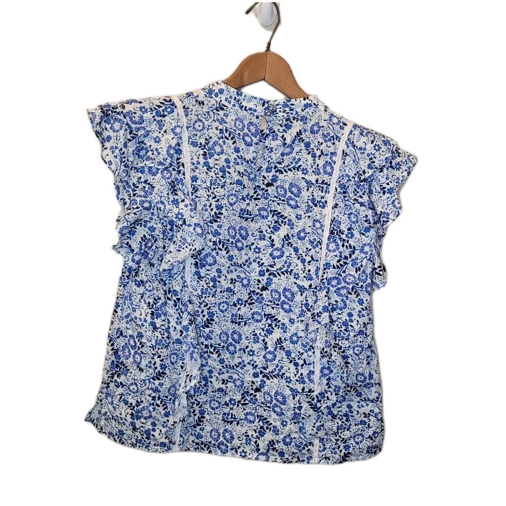 Veronica Beard Blue and White Sol Floral Ruffle High Neck Top Size 4 Cottagecore - Picture 8 of 11